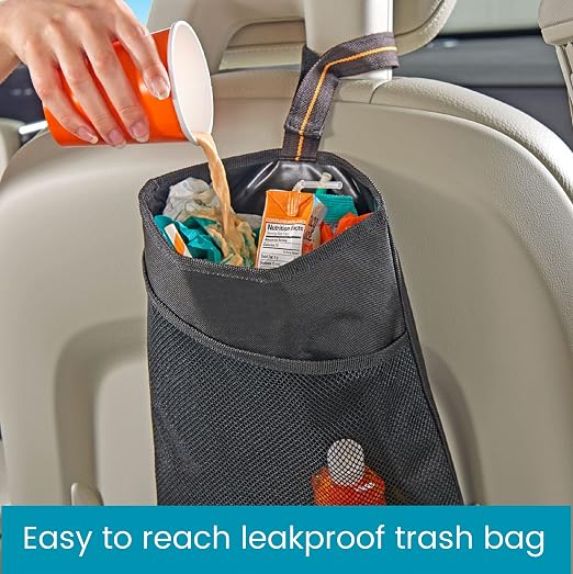Small Hanging Car Trash Bag with Waterproof Liner, Storage Pocket and Adjustable Strap - Hangs from Handles or Headrest Posts Without Taking Up Legroom