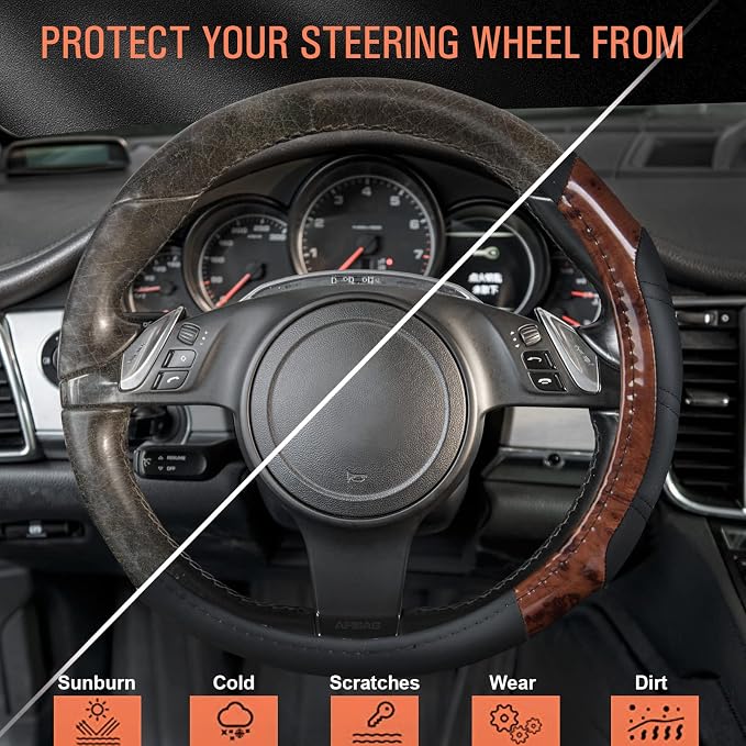 Wood Grain Microfiber Leather Sporty 14.5-15 inch Steering Wheel Cover Universal Fits for 95% Truck,SUV,Cars, Anti-Slip Safety Comfortable Design (Black Wood Grain)