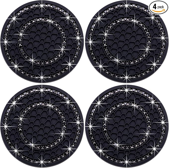 4PCS Bling Crystal Rhinestone Cup Holder Coaster, 2.75 inch Soft Silicone Anti-Slip Shockproof, Car Cup Holder Insert Coasters, Universal Car Interior Accessories for Women (Black)