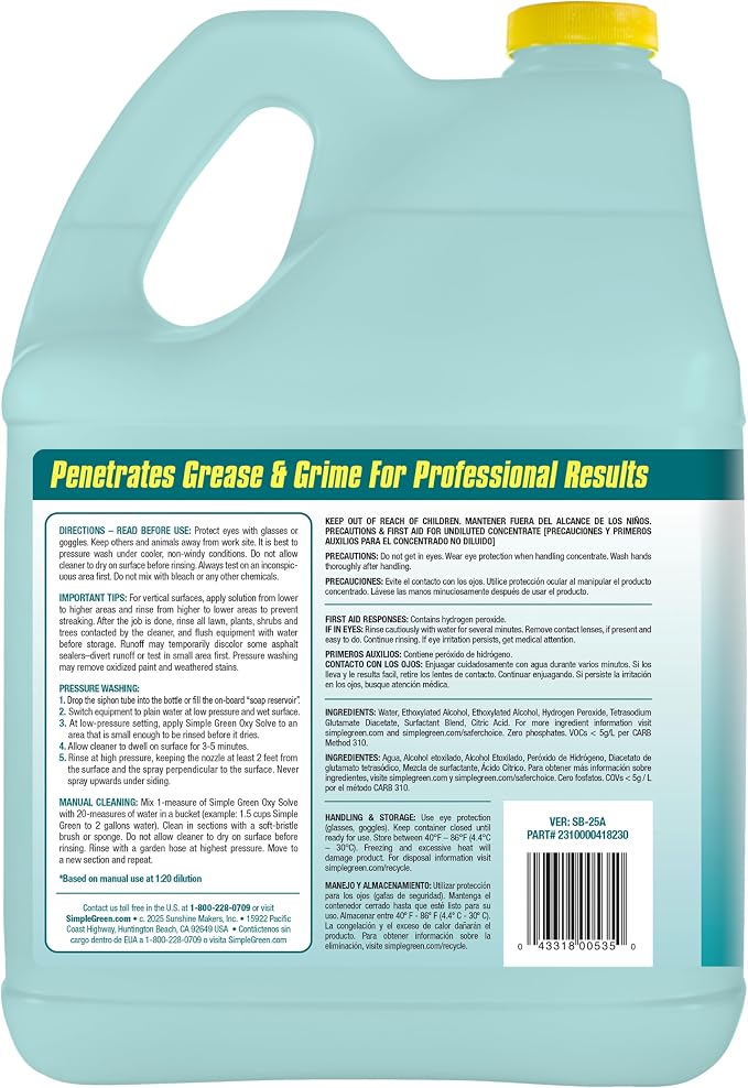 Oxy Solve Total Outdoor Cleaner Concentrate, Pressure Washer & Manual Use, EPA Safer Choice Certified, Peroxide Cleaner for Wood, Concrete, Vinyl & More