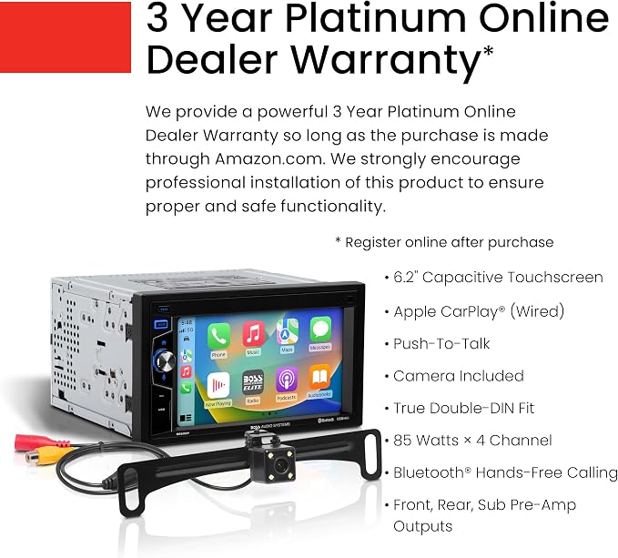 Elite Series BE62CP-C Car Stereo - Apple CarPlay, 6.2 Inch Double Din, Touchscreen, Bluetooth Audio and Calling Head Unit, Radio Receiver, No CD DVD Player, Backup Camera