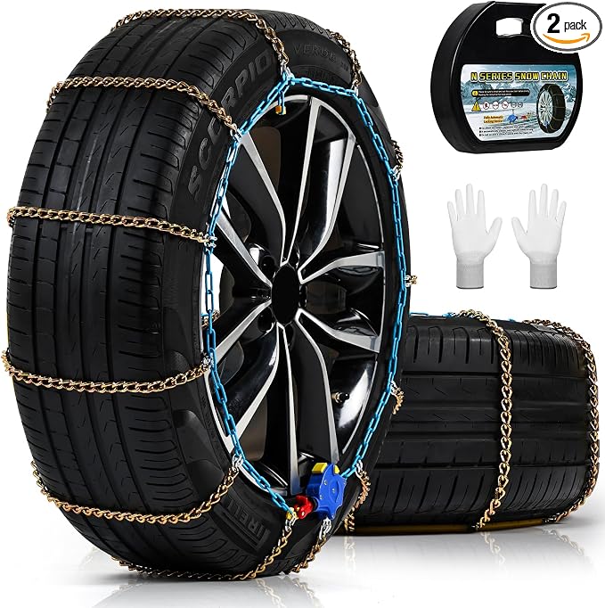 Auto Tightening Snow Chains for Cars, SUVs & Pickup Trucks – 1-Min Quick-Fit Auto Installation, Reusable Universal Emergency Traction Tire Chains – Set of 2（ALN130）
