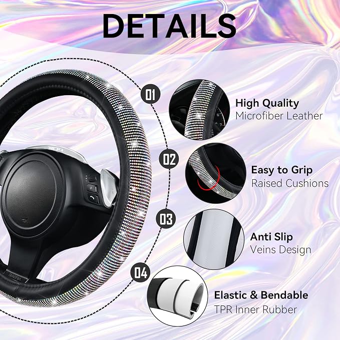 11 PCS Bling Diamond Car Accessories for Women, Sparkly Rhinestone Steering Wheel Cover Bling Seat Belt Cushion, Glitter Shift Knob Cover Car Cup Holder Coaster, Cute Interior Sets Multicolor