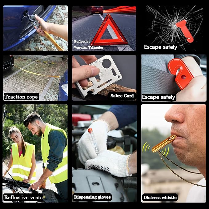 Roadside Emergency Car Kit, Safety Car Kit,with Jumper Cables Emergency kit | Emergency Roadside Kit for Car Warning Triangle,Folding Shovel, Safety Hammer, Tow Rope, Breakdowns fo Emergency Kit Car