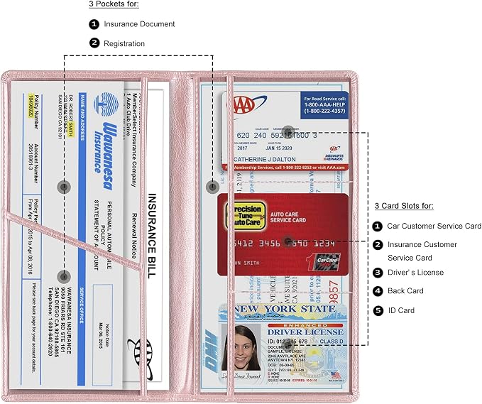 Car Registration and Insurance Card Holder, Vehicle License Document Glove Box Compartment Organizer, Interior Car Accessories for Women Men (Rose Gold)