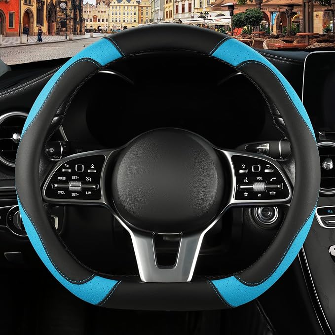 Black Blue Microfiber Leather D Shaped Steering Wheel Cover | Breathable Anti Slip Grip Cool Sporty Look Glow for Women Men