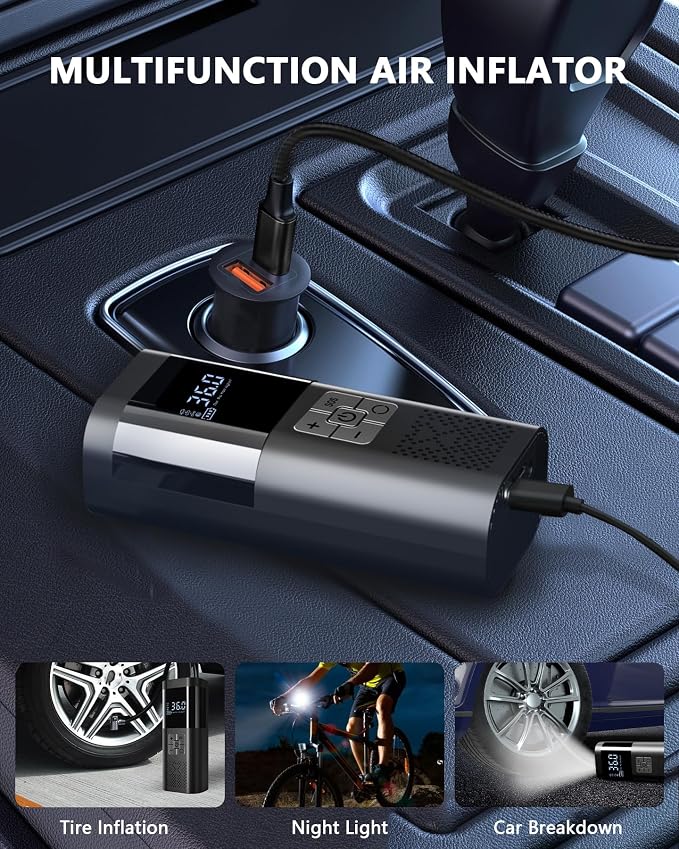 Tire Inflator Portable Air Compressor 150PSI Cordless Air Pump For Car Tires With Digital Pressure Gauge Auto Shut-Off Type C Charging And LED Light For Cars Motorcycles Bicycles Balls And More