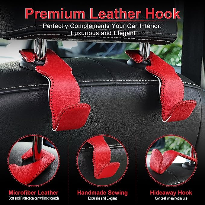 Red Superior Leather Car Seat Back Headrest Hook, Auto Seat Hook Hangers Interior Accessories for Purse Coats Umbrellas Grocery Bags Handbag, 2-Pack