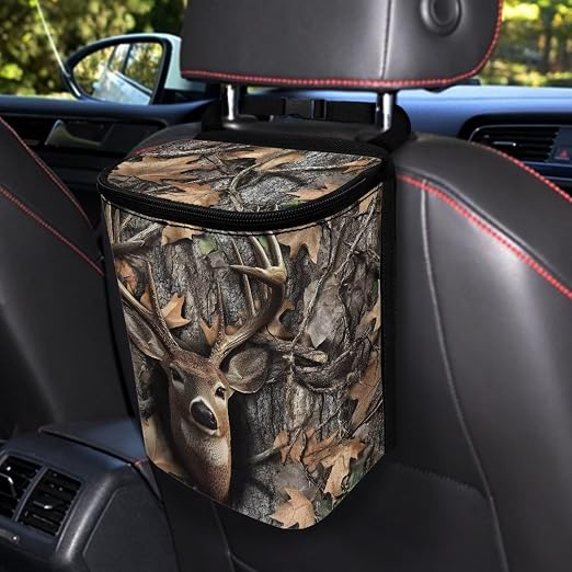 Deer Hunting Camo Print Car Trash Can with Lid, Leak Proof Auto Trash Bag Hanging Vehicle Garbage Can Multipurpose Storage Container for Back Seat Road Trip