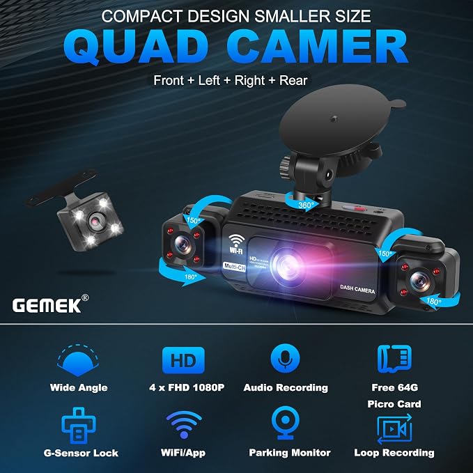 4 Channel Dash Cam 360° View 5G WiFi & APP Control, 2K Front and Rear Inside, Left Right Dash Camera for Cars Free 64GB TF Card, G-Sensor, Night Vision, 24H Parking Mode