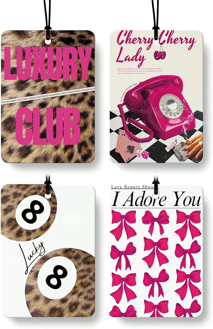 Hot Pink Cheetah Print Car Air Freshener 4 Pcs, Funky Coquette Bow Leopard Print Lucky 8 Ball Hanging Air Freshener for Cars Closet Drawer Books, Girly Car Accessories Mirror Decor for Women