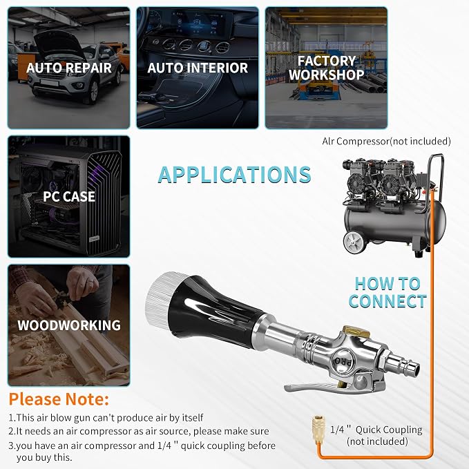 Mini Tornado Air Blow Gun with Detachable Brush Car Cleaning Kit | Vortex Cleaning Gun Trumpet Head High Pressure Dryer Blow Gun Pneumatic Interior Cleaning Tool with Tornado Airflow