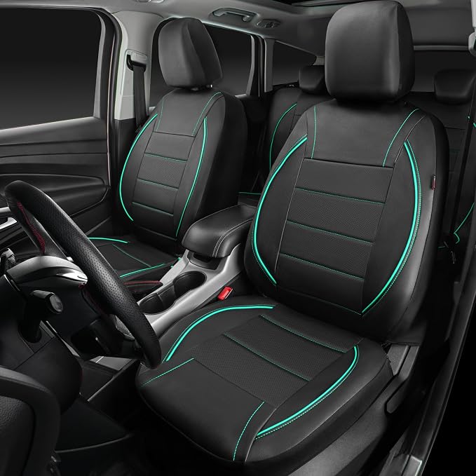 Universal FIT Piping Leather Car Seat Cover, for suvs,Van,Trucks,Airbag Compatible,Inside Zipper Design and Reserved Opening Holes (Full Set, Black and Mint)