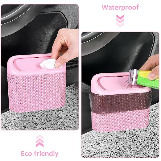 Bling Pink Car Trash Can with Lid, Mini Auto Garbage Storage Bin with 60 Trash Bags, Small Car Garbage Container Bin, Sparkling Crystal Vehicle Dustbin for Front Back Seat Accessories for Cars