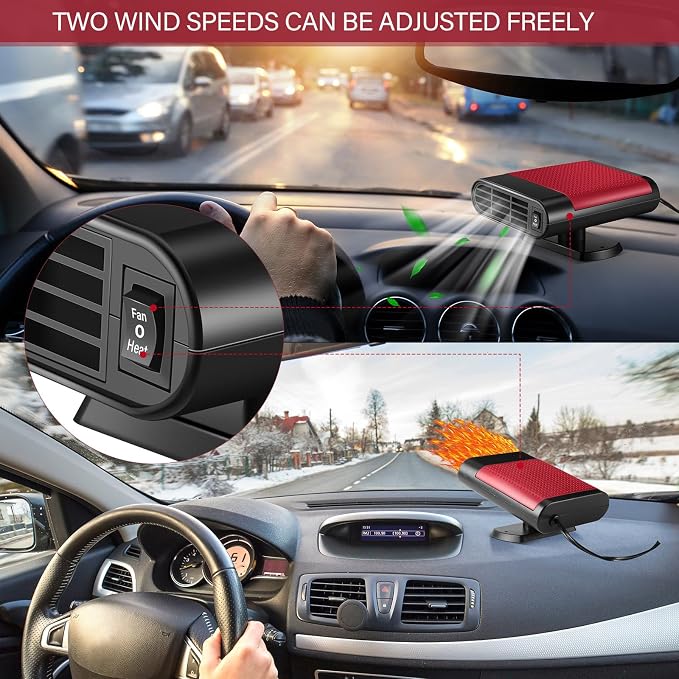 2 Pcs 12V 150W Portable Car Heater Defroster 2 in 1 Modes Automobile Windscreen Fan Heating and Cooling Windshield Fan Defroster Demister with Plug into Cigarette Lighter (Red)