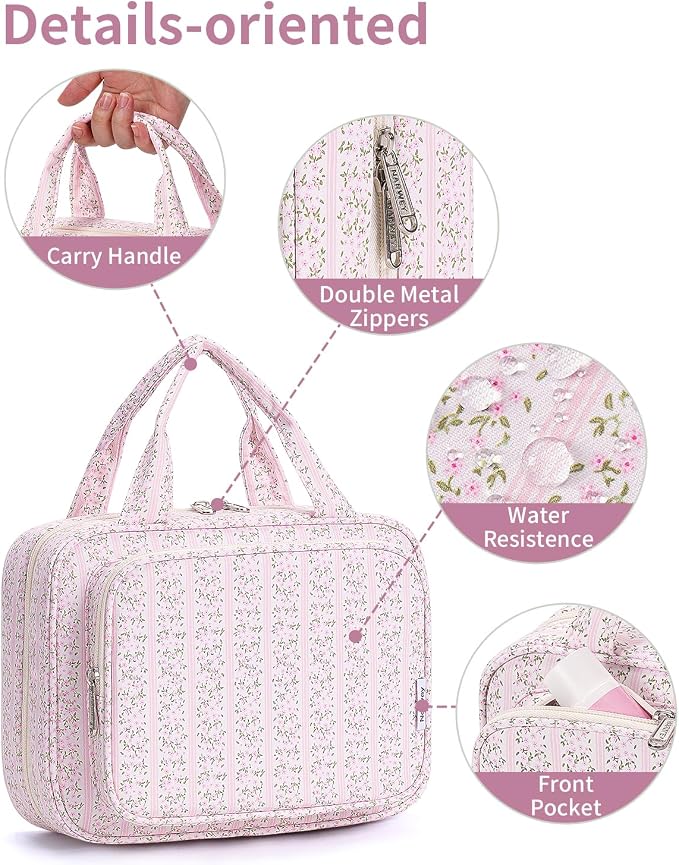 Hanging Toiletry Bag for Women Travel Makeup Bag Organizer Toiletries Bag for Travel Size Essentials Accessories Cosmetics (Pink Flower Buds (Medium))