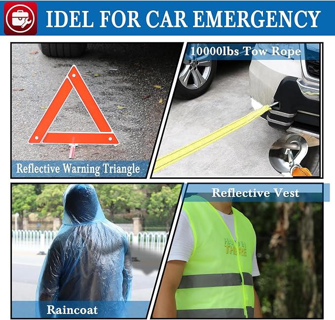 Car Emergency Kit, Roadside Assistance Emergency Car Kit Jumper Cables, Road Trip Essentials, Auto Vehicle Car Safety Kit with Digital Air Compressor Tire Inflator, Reflective Warning Triangle