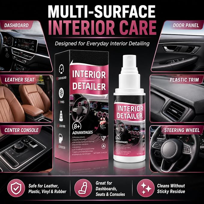Car Interior Cleaner Spray Kit, Dashboard & Trim Detailer for Plastic, Vinyl, Rubber, Door Panels, Consoles & Finished Leather, Non-Greasy Auto Interior Cleaner with Towel & Sponge