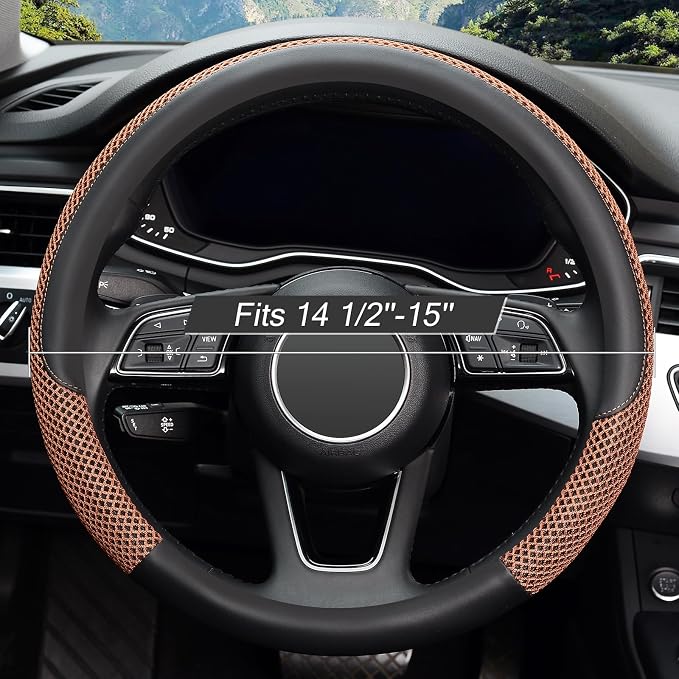 Steering Wheel Cover, Universal 15 inch, Microfiber Leather Viscose, Breathable, Anti-Slip,Warm in Winter and Cool in Summer, Black&Brown
