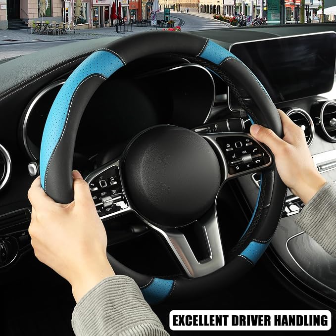 Black Blue Breathable Microfiber Leather Steering Wheel Cover | Breathable Anti Slip Grip Cool Sporty Look Glow for Women Men