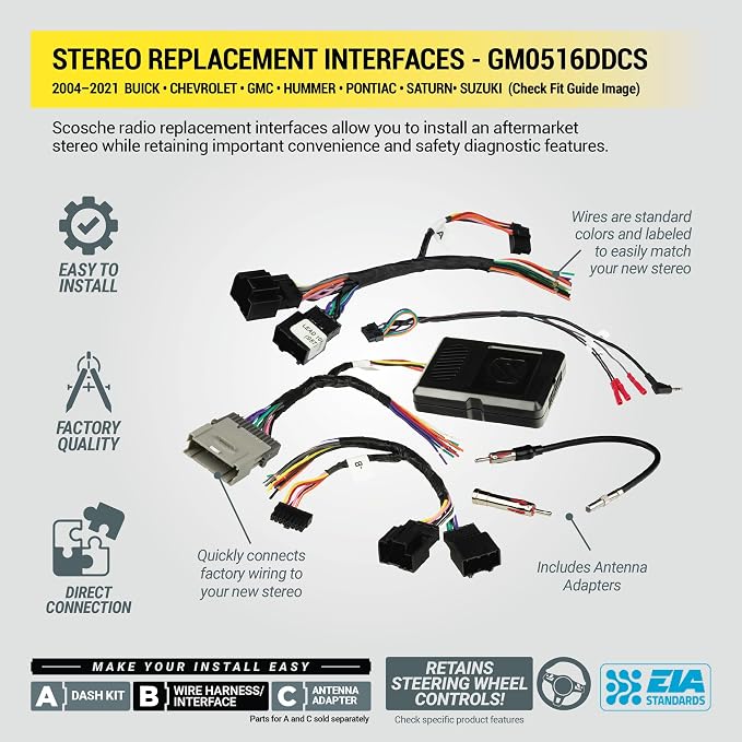 GM0516DDCS Double DIN Radio Install Dash Kit Compatible with Select 2004-21 Buick, Chevrolet, GMC, Hummer, Pontiac, Saturn and Suzuki Vehicles - Complete Car Stereo Installation Interface Kit
