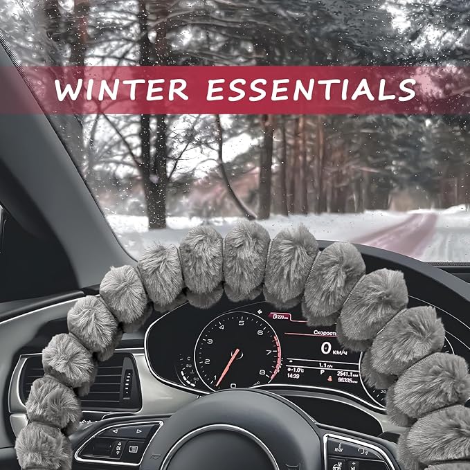 Sun Walker Fluffy Car Steering Wheel Cover, Soft Plush Anti-Slip Steering Wheel Protector for Warm Winter, Fuzzy Comfortable Wheel Cover Auto Interior Accessories for Women Girl (Gray)
