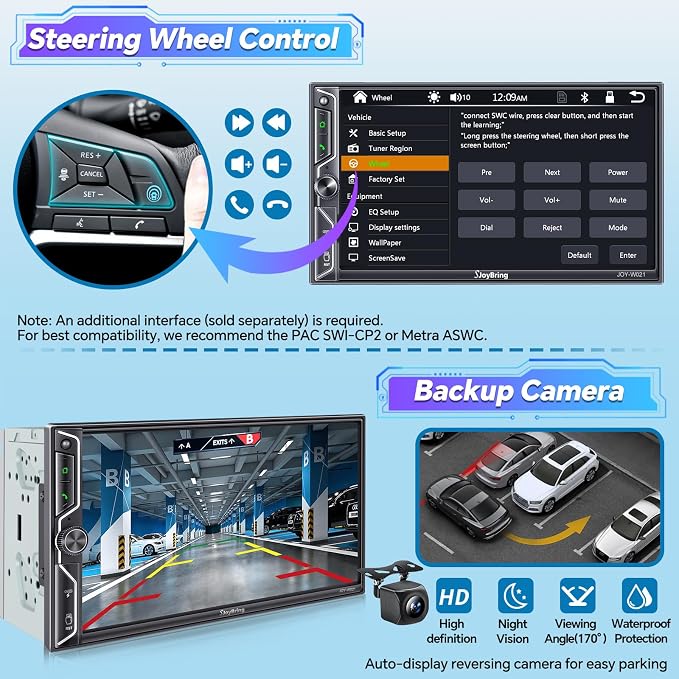 7" QLED Double Din Car Stereo Compatible with Wireless Apple CarPlay & Android Auto, Bluetooth 5.3 Car Radio, 240W 4.2-Channel Audio, MirrorLink, SWC, Backup Camera