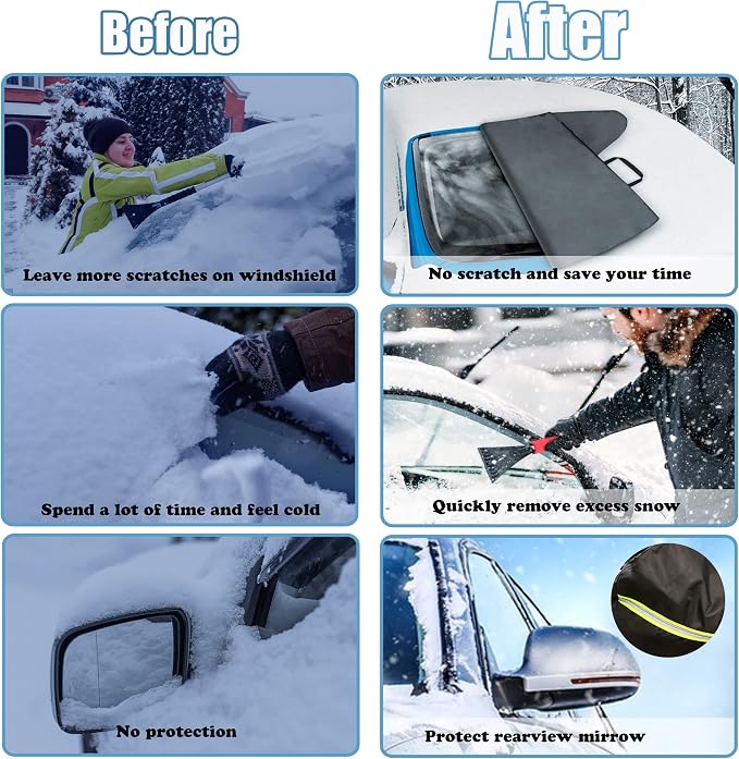 Car Windshield Snow Cover for Ice and Snow- Durable 600D Oxford Fabric with Side Mirror Covers Ice Scrapers Waterproof Windproof Dustproof Windshield Covers Universal Fit for Most Vehicle
