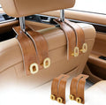 Car Headrest Hooks Universal Car Purse Hook Premium Leather and Alloy Twin Hook Car Seat Back Storage Hanger Hook for Purse Bags Cloth Drink Durable Holder Car Accessories (BH09-Brown-Gold)