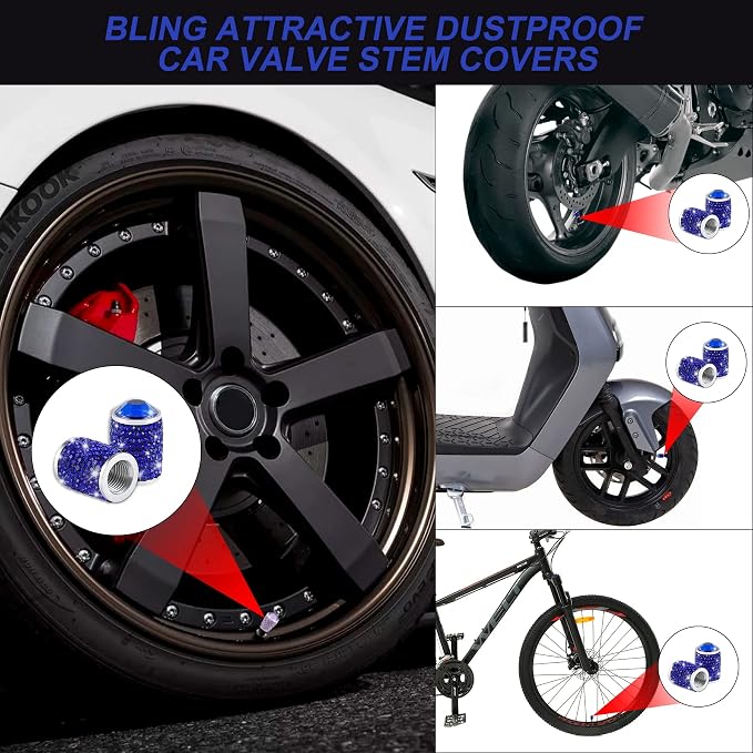 Car Wheel Tire Valve Caps, 4 PCS Bling Tire Valve Caps, Crystal Tire Caps Shinny Rhinestone for Women, Universal Car Dustproof Tire Valve Caps for Cars, Trucks, SUV and Motorcycles (Blue)