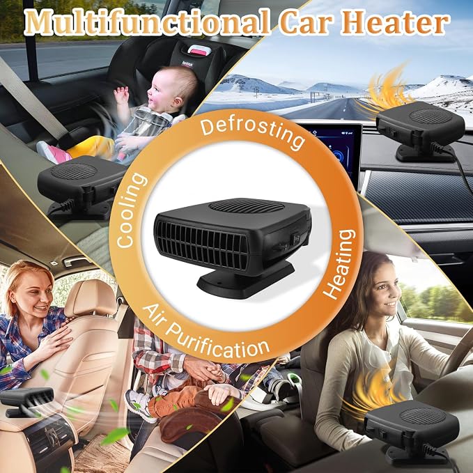 Car Heater, 200W Portable Windshield Defroster Fast Heating and Cooling Auto Defogger Window Defroster Automobile Windscreen Heaters Plug in Cigarette Lighter Heaters with 360 Degree Rotary (12V)