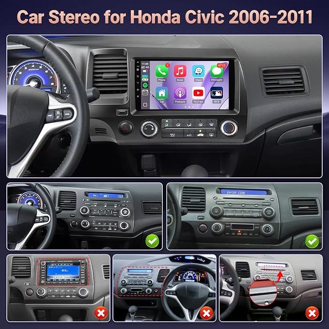 Upgrade 4+64GB Android 13 Car Radio for Honda Civic 2006 2007 2008 2009 2010 2011, 9Inch IPS Touchscreen Stereo for Civic with Carplay Android Auto Mirrorlink in-Dash GPS WiFi Bluetooth SWC
