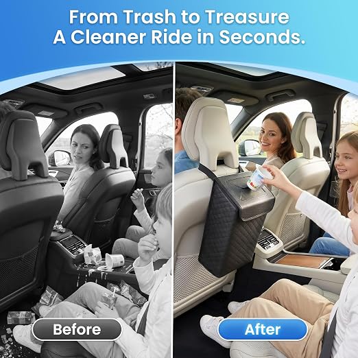 Car Trash Can with Lid, Leather Garbage Can, Leakproof and Removable Interior Liner, Multipurpose Hanging Garbage Bin with Quick Access Magnetic Opening, Trash Bin for Car (2 Gallon/7.5L)