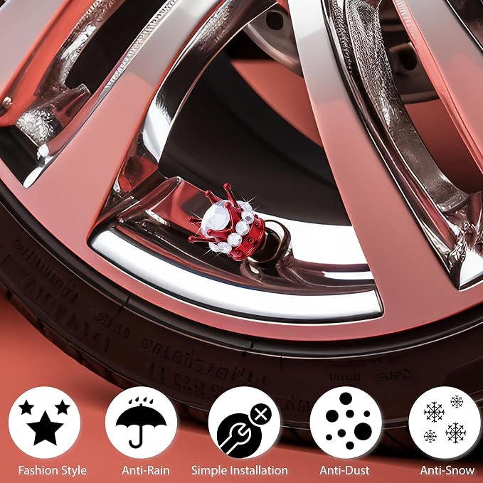 4PCS Crown Bling Tire Stem Valve Caps, Crystal Diamond Car Wheel Tire Valve Caps Universal Copper Core Stem Covers for Cars, SUV, Trucks, Bikes, Motorcycles, Bicycles (Red & Silver)