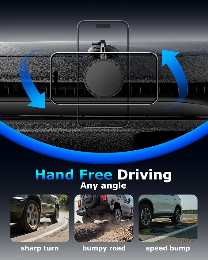 Magnetic Phone Holder for iPhone MagSafe Car Mount, Vacuum 360°Adjustable Car Phone Holder（Dashboard & Windshield） Magnet Cell Phone Holder Mount for iPhone 17/16/15/14/13 Android Galaxy