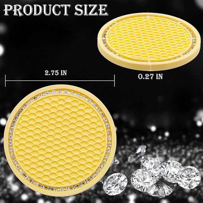 4PCS Bling Cup Holder Coaster, 2.75 Inch Auto Car Cup Holder Insert Coasters, Soft Silicone Anti-Slip Shockproof, Universal Vehicle Interior Accessories for Women Girls (Yellow & White)