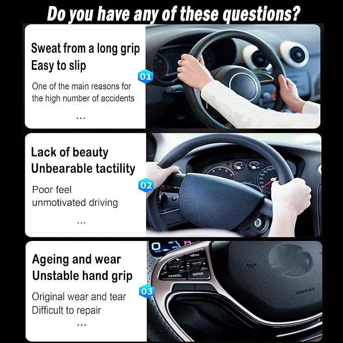 2Pc Carbon Fiber Steering Wheel Cover Universal Fit 99% Cars | Non-slip soft grip, easy to wipe clean, quick to install, perfect for daily commutes and road trips, Black