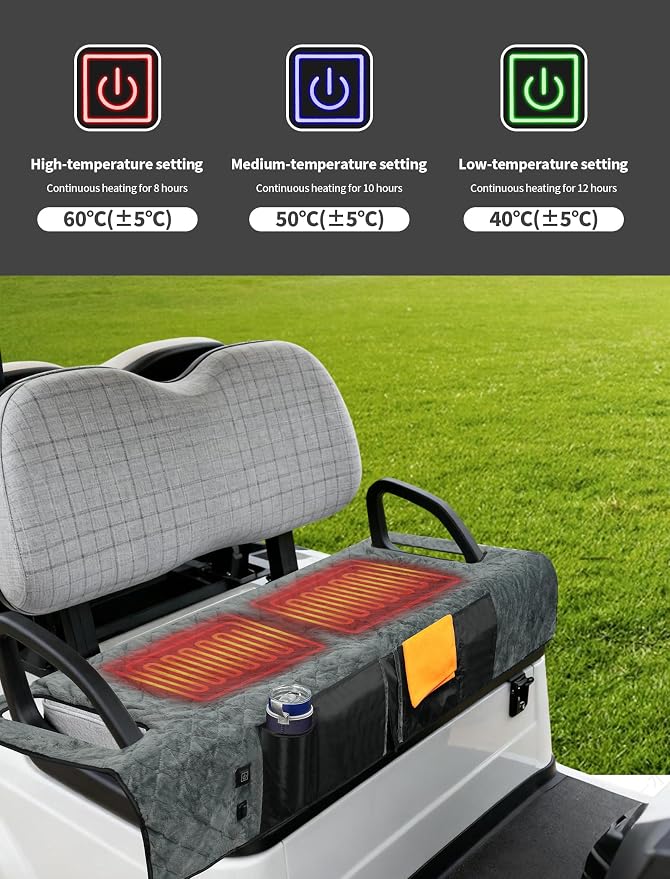Golf Cart Seat Cover with 12V Car Plug, 50" × 31", Non-Slip Winter Golf Cart Seat Towel Blanket with 2 Front Pockets, Fits for EZGO, Yamaha, Club Car and More 2 Person Seats Golf Carts