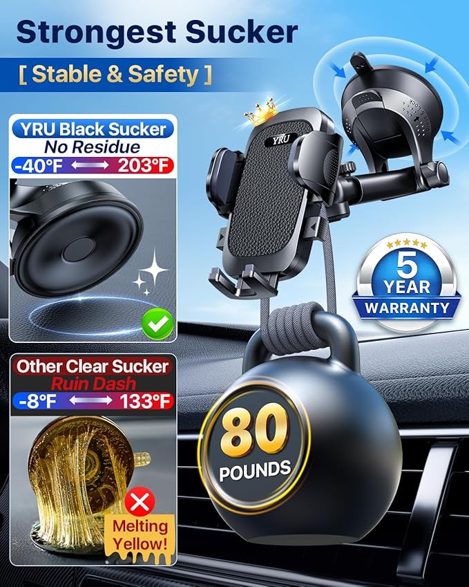 [True Upgrade for Safety] YRU Car Phone Holder Mount [Patent & Military-Grade] Dashboard Cell Phone Holder for Car Vent Windshield Phone Stand for iPhone17 16 15 14 13Pro Max Truck Samsung, Dark Black
