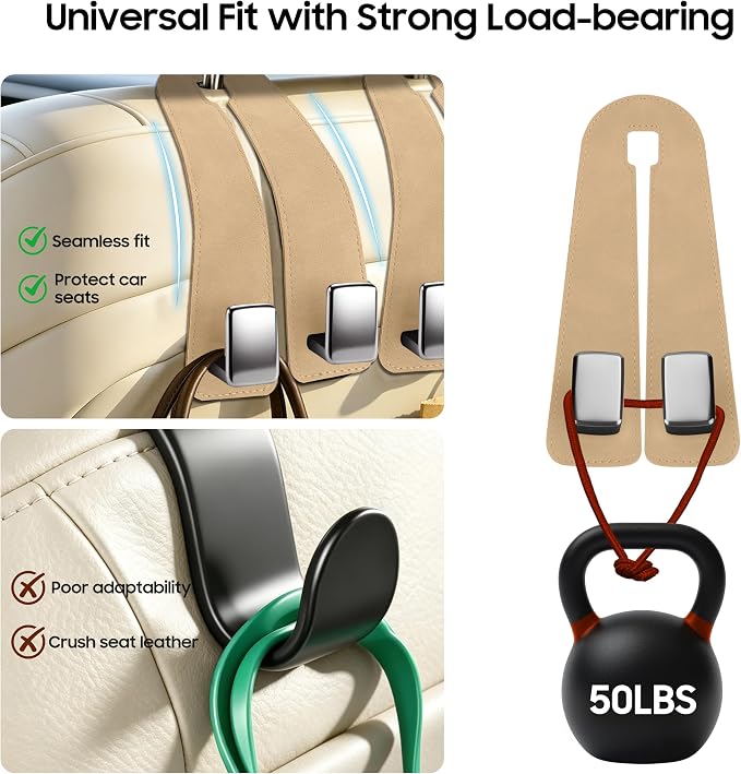 Car Headrest Hooks, Premium Suede with Metal Car Seat Back Storage Hooks for Handbag Coats Umbrella Backpack - 2 Pack, Beige