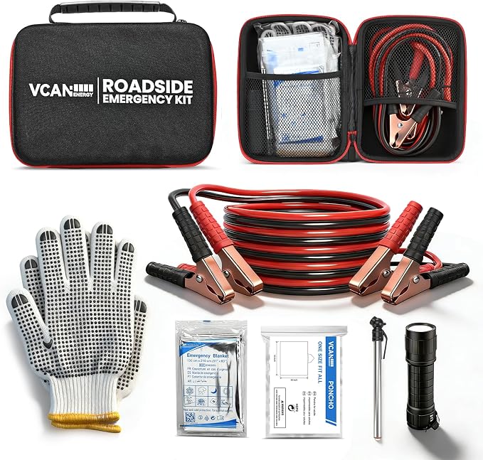 Car Emergency Safety Kit Bag with Jumper Cables, Tire Pressure Gauge, Auto Vehicle Safety Road Side Assistance Kits Essentials,for Women, Men, Teen (Red)