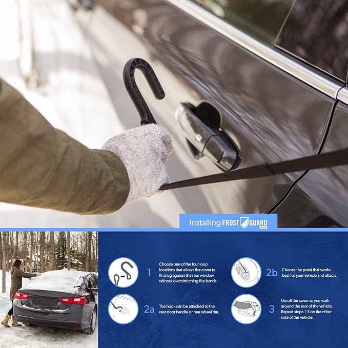 Rear Windshield Cover for Ice and Snow, for Sedans - Rear Window Cover to Reduce Scraping, with Elastic to Conform to Vehicle's Shape - Secure Hooks for A Tight Fit - Black, 50 x 32 Inches