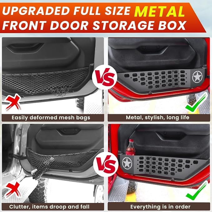 Metal Front Door Storage Box Pockets Fit for Jeep Wrangler,Door Side Insert Organizer for Jeep Wrangler JL JLU 4XE 2018-2025 & Gladiator JT 2020-2025 Interior Door Storage Expansion Accessories 2PCS