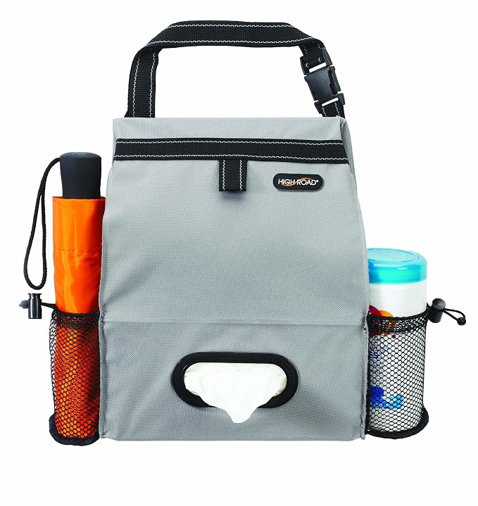 Car Organizer with Car Trash Bin and Tissue Holder - Holds Full Size Tissue Box, Bottles and Wipe Containers - 2 Gal Leakproof Covered Trash Can with Push-Close Lid