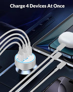 iPhone 17 16 15 Car Charger Fast Charging, 90W 4-Port USB C Fast Car Charger Cigarette Lighter Adapter with 240W 3FT USB-C Cable for iPhone 17/17 Pro/Air/17 Pro Max/16/16 Pro/ 15/15 Pro Max/Plus, iPad