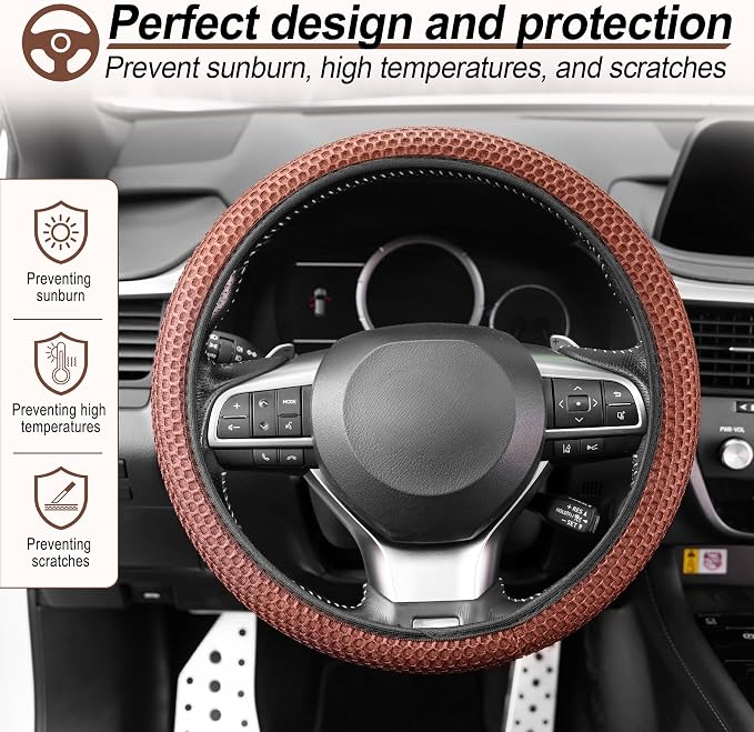 Elastic Stretch Steering Wheel Cover, Breathable Microfiber Ice Silk, Anti-Slip, Easy Carry, Universal Interior Accessories Steering Wheel Cover for Women & Men (Brown-Black)