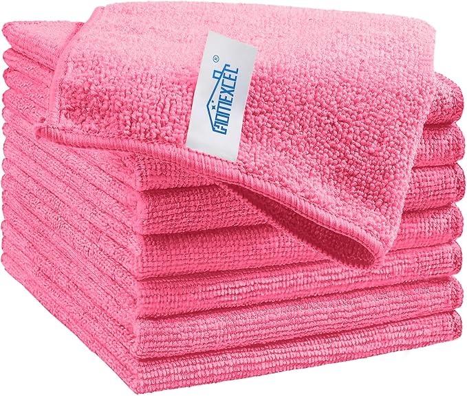 Pink Microfiber Cleaning Cloth, 8 Pack Cleaning Towels for Kitchen, Lint Free, Scratch-Free, Highly Absorbent, and Reusable Cleaning Rags for House, Window and Glass, Cars, 11.5 X11.5 inch