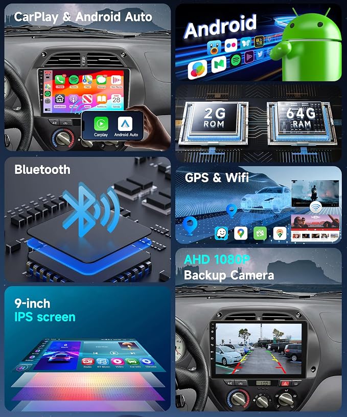 Android 15 Car Radio for Toyota RAV4 2001 2002 2003 2004 2005 2006 Car Stereo with Wireless CarPlay Android Auto 9'' 1080P HD Touch Screen 5G WiFi Bluetooth 26UIs FM/RDS GPS MirrorLink Backup Camera
