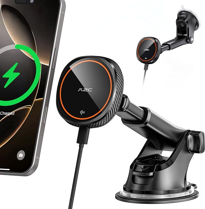 Magnetic Car Phone Mount - Designed Only for MagSafe iPhone 17-12 Series, Orange/Black Data Cable (Random)