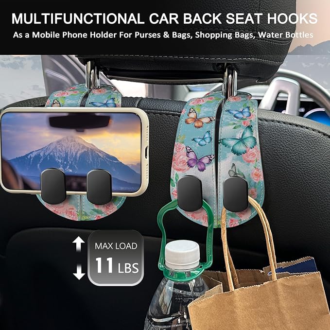 2PCS Car Seat Back Storage Headrest Hooks, Butterfly Purse Holder Bags Hanger, PU Leather Double Metal Hook for Backseat Organizer, Women Car Accessories Organization